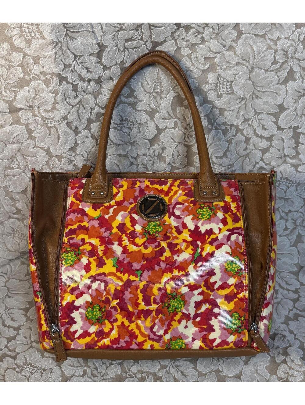 PURSE BY NINE&CO Colorful Floral Pattern Tote Bag with Brown Leather Handles